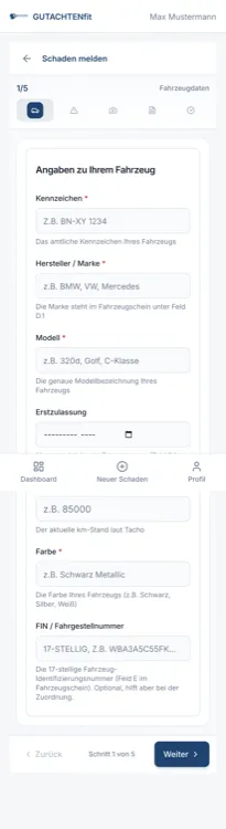 SchadenPilot: Angaben zum Fahrzeug